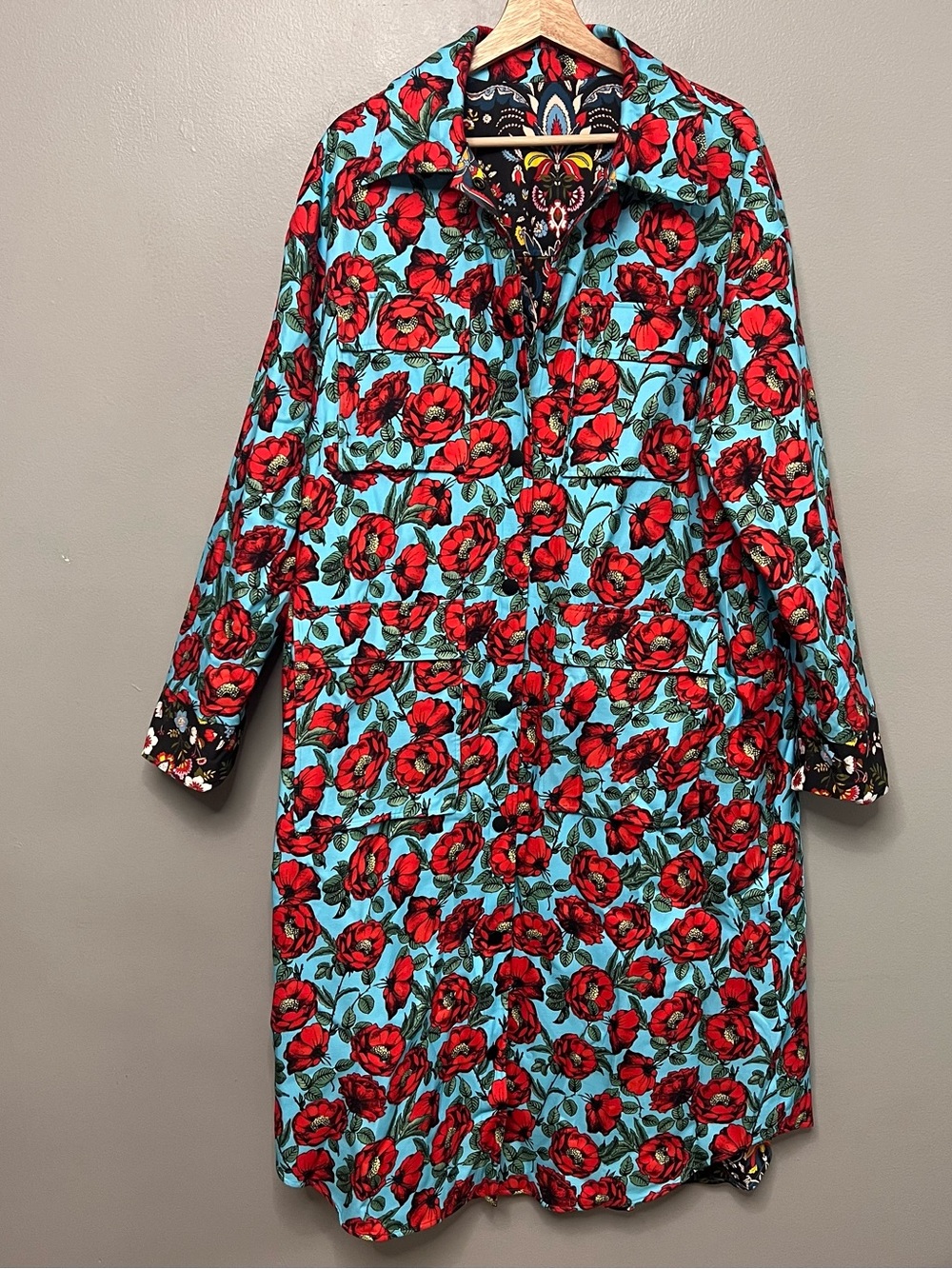 NWOT Alice + Olivia Zazie Reversible Floral Print Twill Barn Maxi Coat Large
